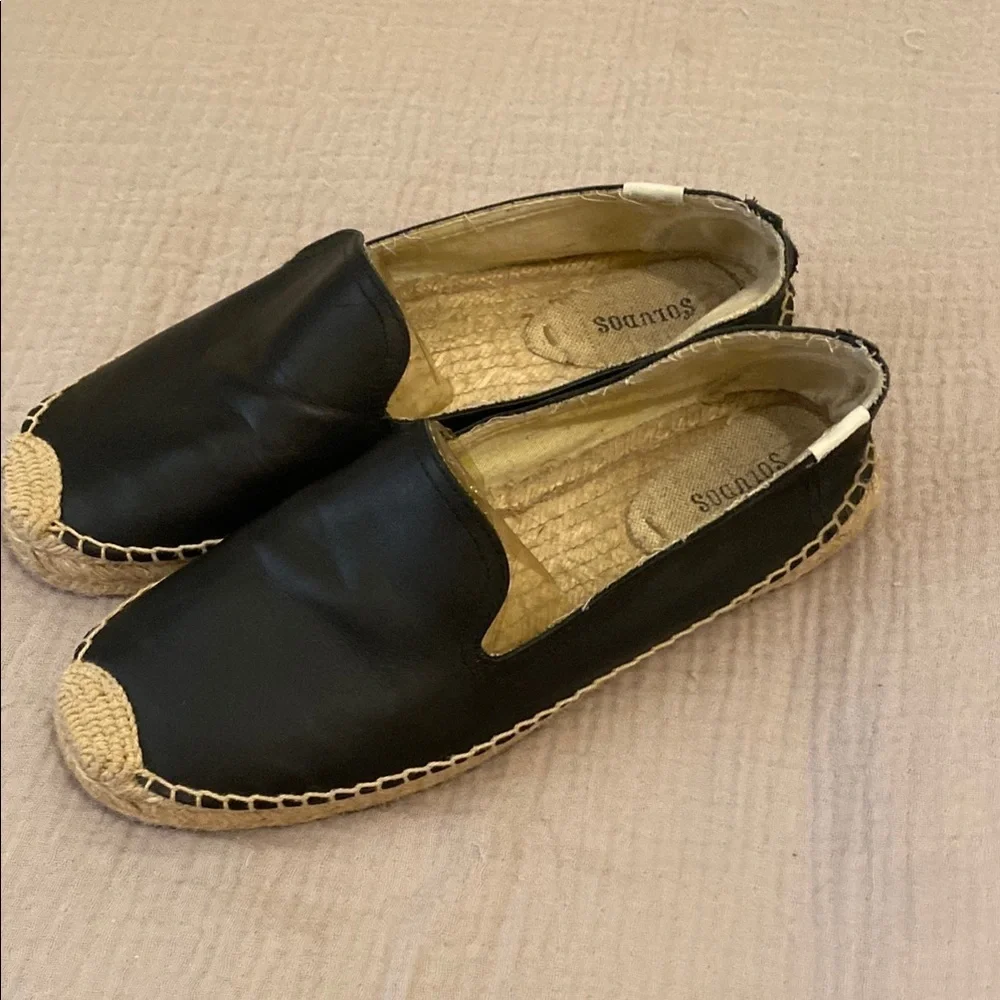 Soludos Classic Black Leather Espadrilles. Size 10